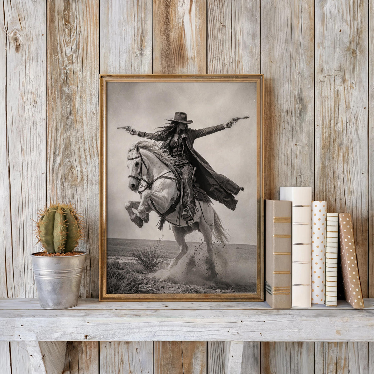 Gunslinger Cowgirl Poster, Wild West Horse Riding Wall Art, Vintage Outlaw Photography, Western Female Cowboy with Guns Living Room Decor