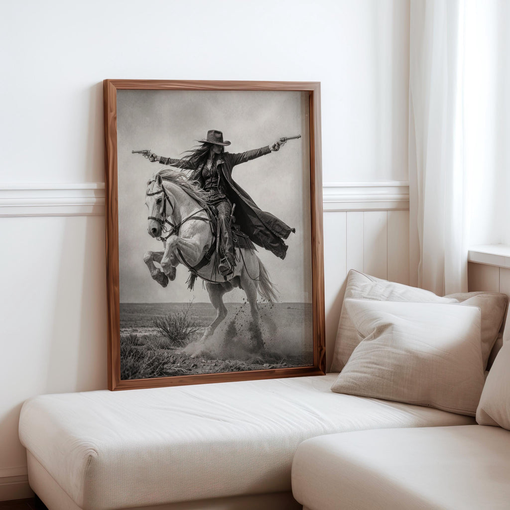 Gunslinger Cowgirl Poster, Wild West Horse Riding Wall Art, Vintage Outlaw Photography, Western Female Cowboy with Guns Living Room Decor