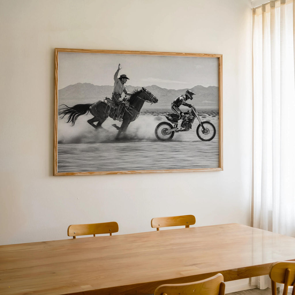 Horse VS Dirt Bike Wall Art, Western Motocross Print, Cowboy Racing Motorcycle Poster, Masculine Home Decor, Gift for Boyfriend