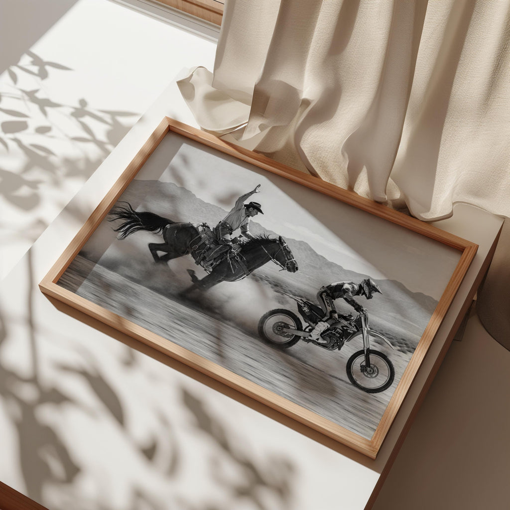 Horse VS Dirt Bike Wall Art, Western Motocross Print, Cowboy Racing Motorcycle Poster, Masculine Home Decor, Gift for Boyfriend