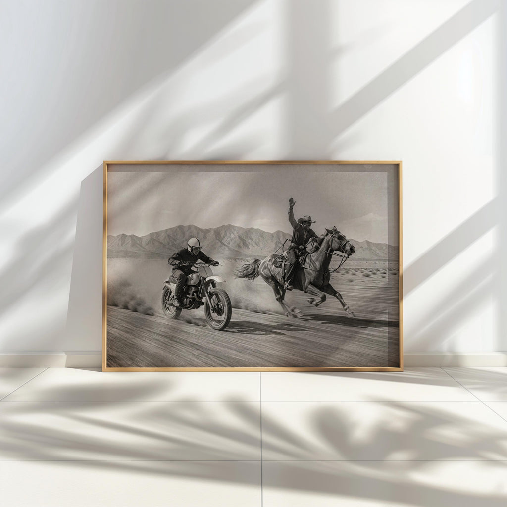 Vintage Motocross Wall Art, Cowboy on Horse Racing Dirt Bike Print, Retro Motorcycle Poster, Black and White Western Home Decor Gift