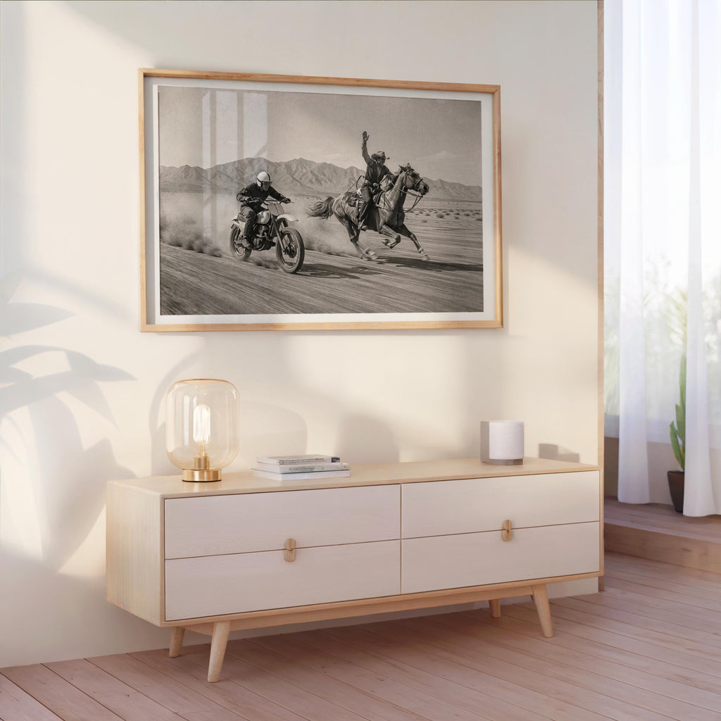 Vintage Motocross Wall Art, Cowboy on Horse Racing Dirt Bike Print, Retro Motorcycle Poster, Black and White Western Home Decor Gift