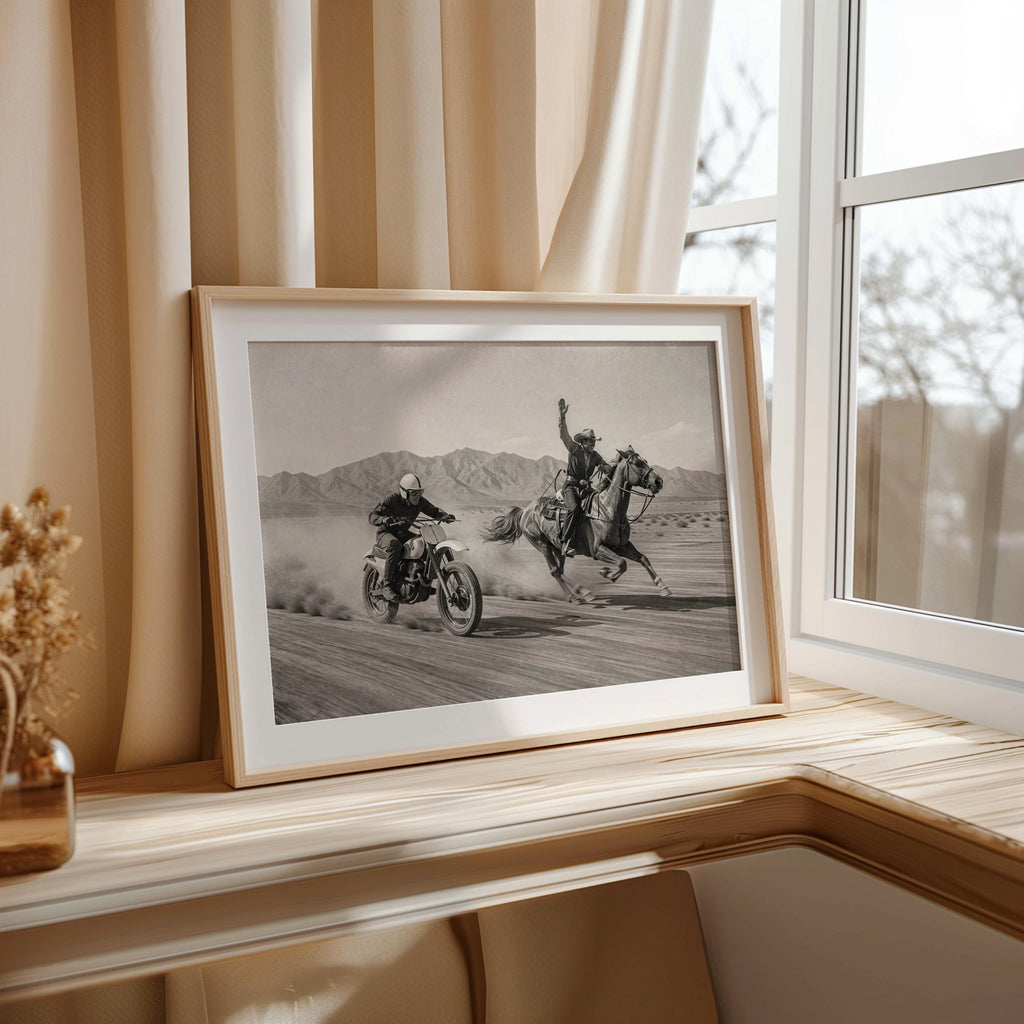 Vintage Motocross Wall Art, Cowboy on Horse Racing Dirt Bike Print, Retro Motorcycle Poster, Black and White Western Home Decor Gift