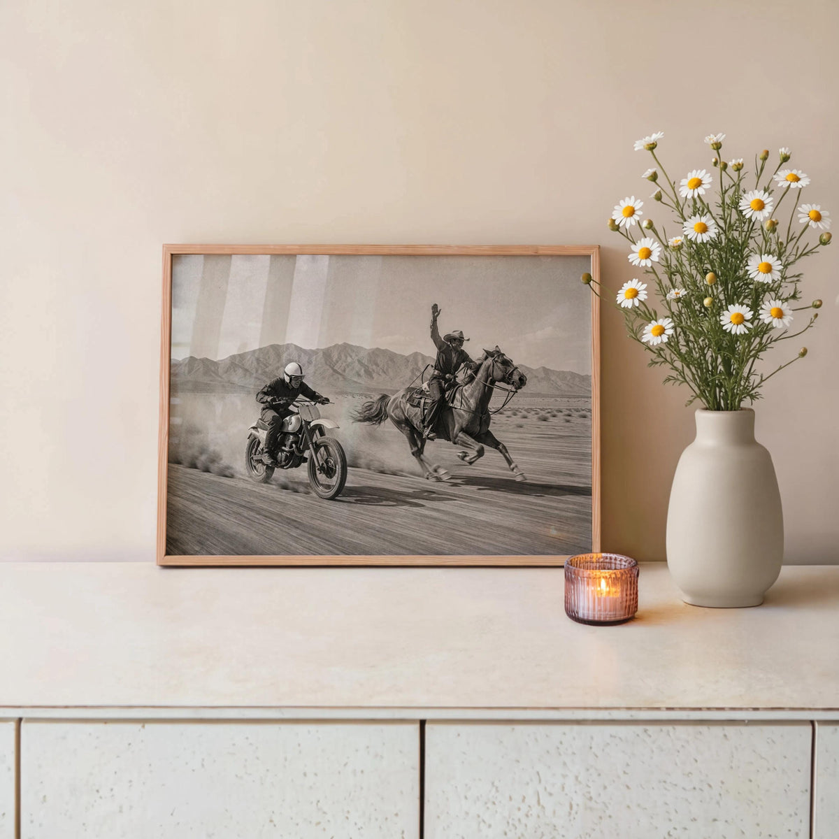 Vintage Motocross Wall Art, Cowboy on Horse Racing Dirt Bike Print, Retro Motorcycle Poster, Black and White Western Home Decor Gift