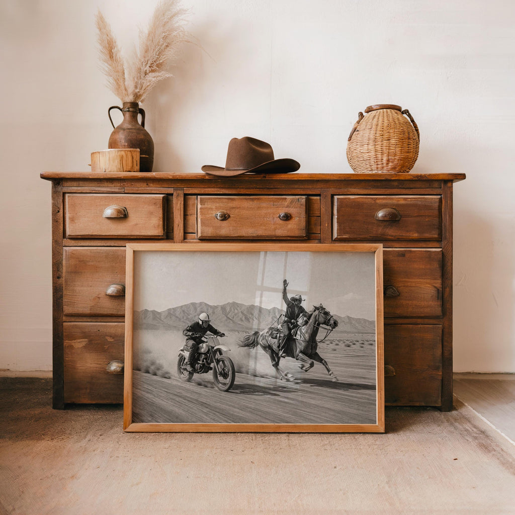 Vintage Motocross Wall Art, Cowboy on Horse Racing Dirt Bike Print, Retro Motorcycle Poster, Black and White Western Home Decor Gift