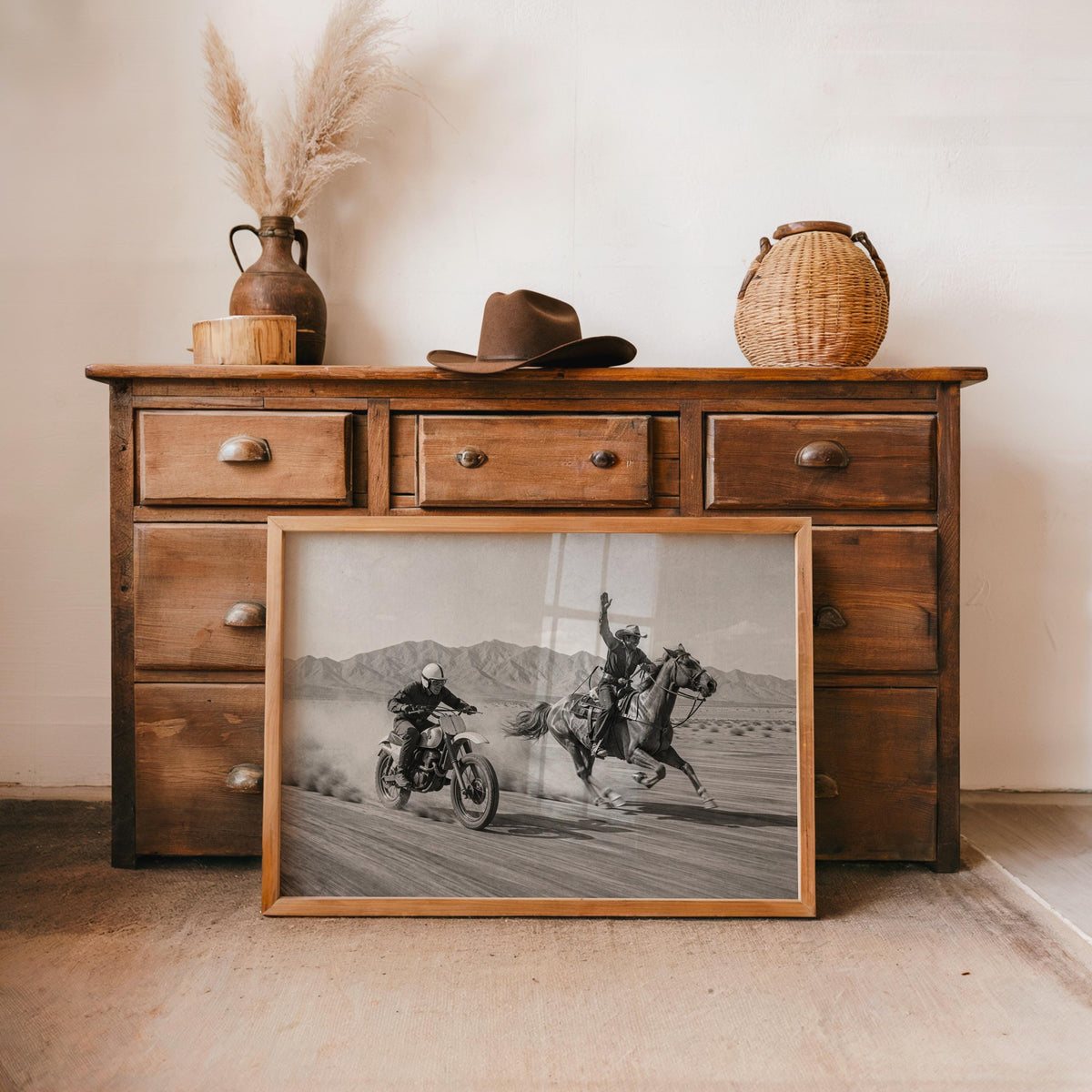 Vintage Motocross Wall Art, Cowboy on Horse Racing Dirt Bike Print, Retro Motorcycle Poster, Black and White Western Home Decor Gift