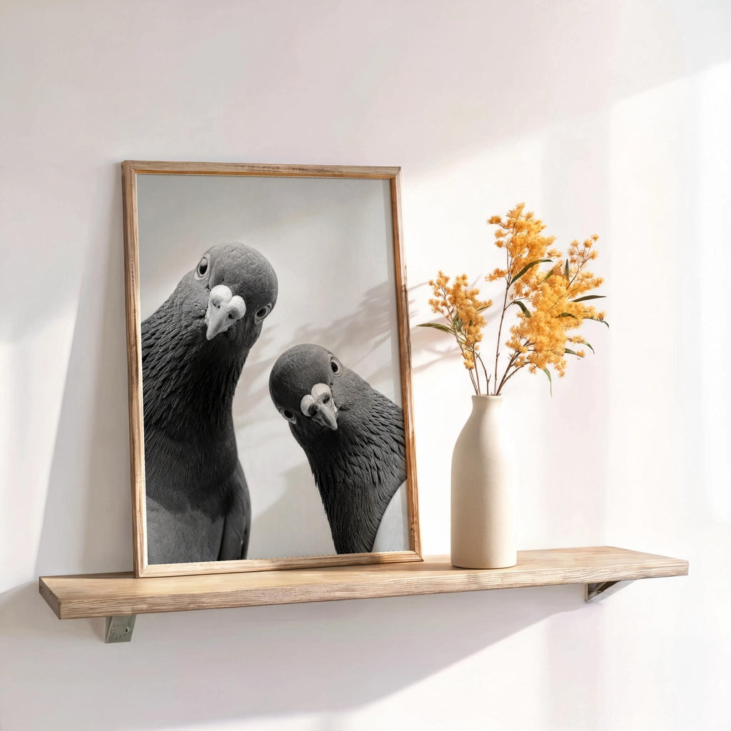 Two Pigeons Print, Vintage Birds Wall Art, Funny Urban Wildlife Poster, Digital Black White Photography, Quirky City Bird Lover Gift