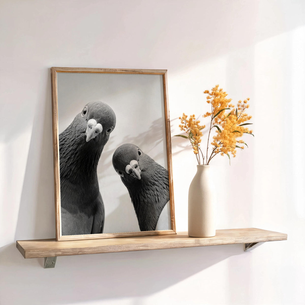 Two Pigeons Print, Vintage Birds Wall Art, Funny Urban Wildlife Poster, Digital Black White Photography, Quirky City Bird Lover Gift