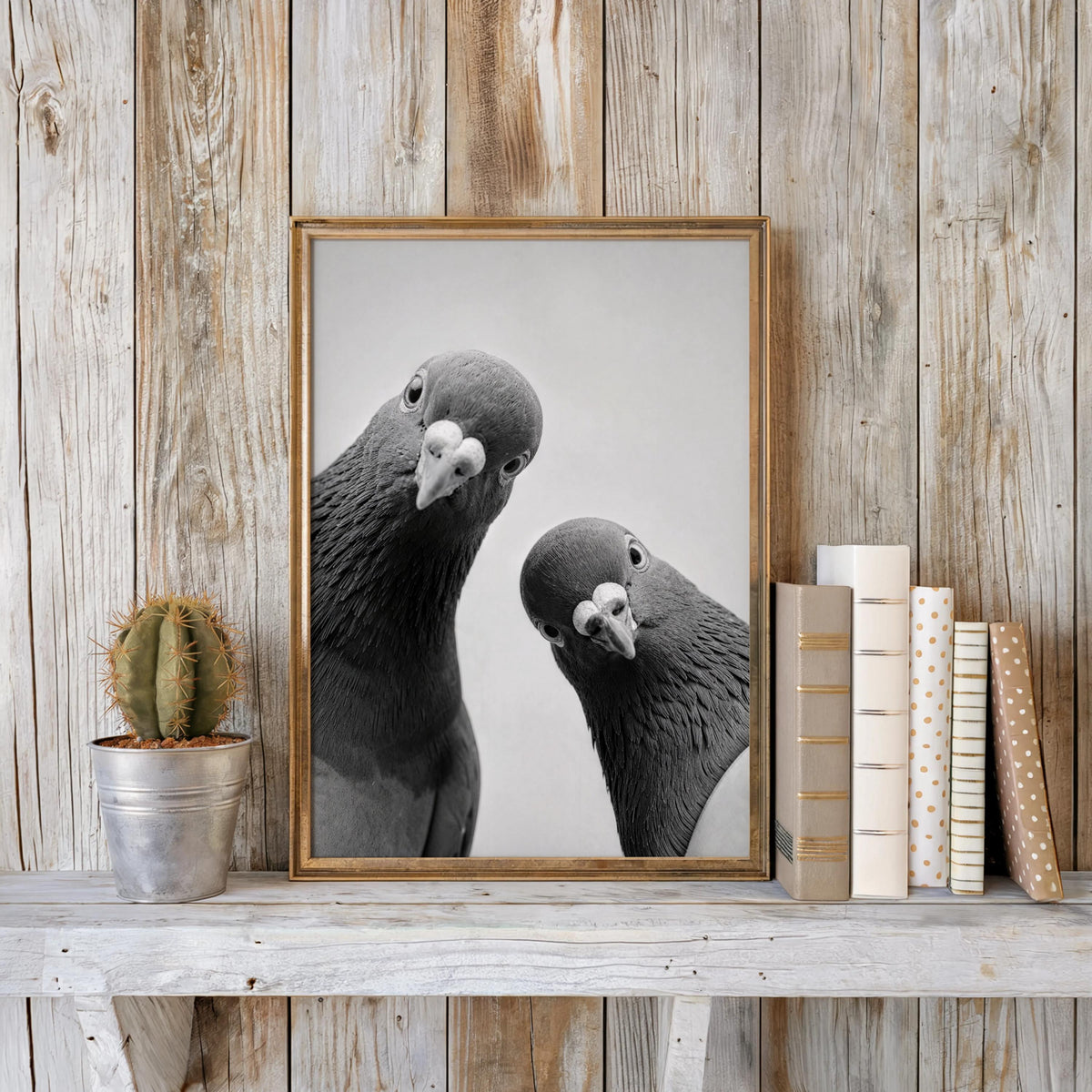 Two Pigeons Print, Vintage Birds Wall Art, Funny Urban Wildlife Poster, Digital Black White Photography, Quirky City Bird Lover Gift