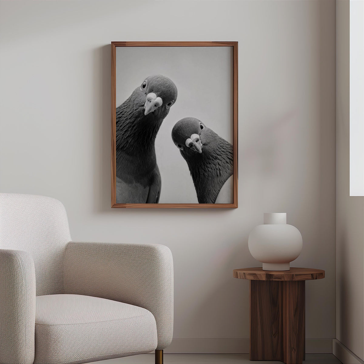 Two Pigeons Print, Vintage Birds Wall Art, Funny Urban Wildlife Poster, Digital Black White Photography, Quirky City Bird Lover Gift
