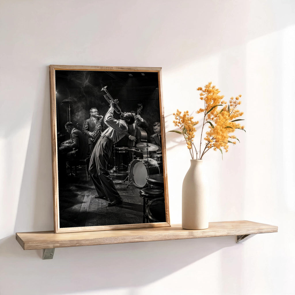 Jazz Club Wall Art, Black & White Music Print, Retro Trumpet Artwork, Vintage Live Band Poster, Black Musician Gift, Afrocentric Bar Decor