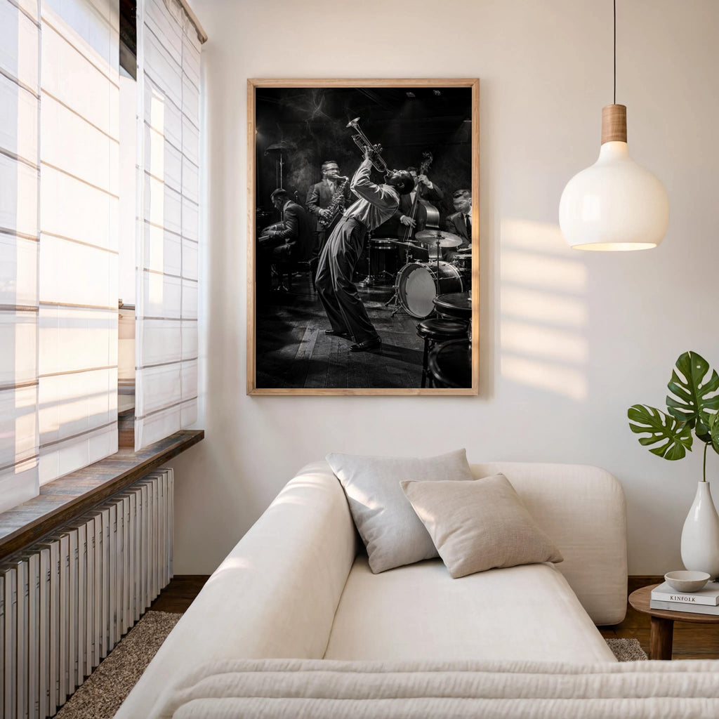 Jazz Club Wall Art, Black & White Music Print, Retro Trumpet Artwork, Vintage Live Band Poster, Black Musician Gift, Afrocentric Bar Decor