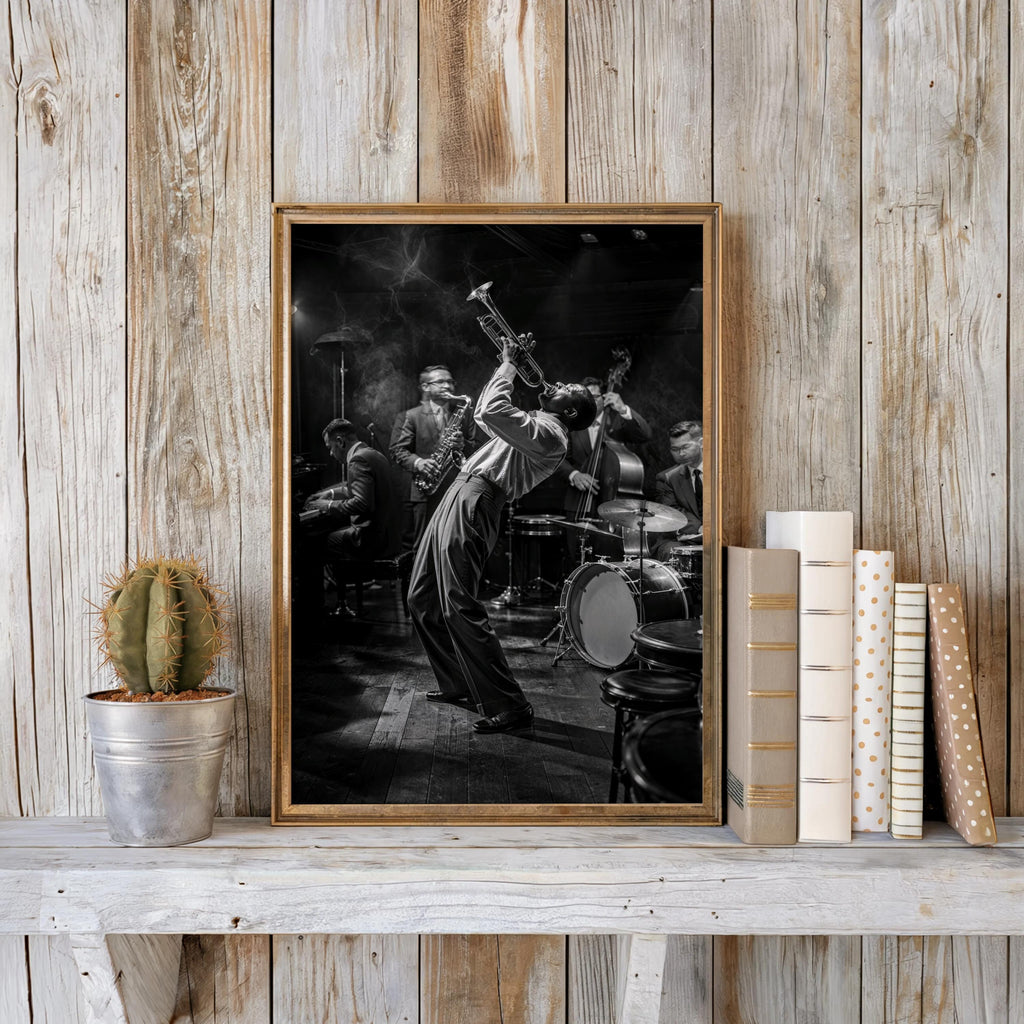 Jazz Club Wall Art, Black & White Music Print, Retro Trumpet Artwork, Vintage Live Band Poster, Black Musician Gift, Afrocentric Bar Decor