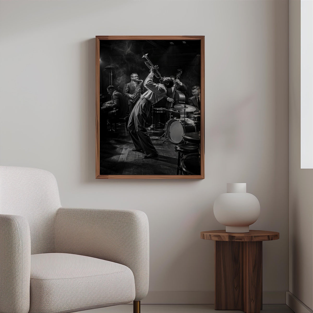 Jazz Club Wall Art, Black & White Music Print, Retro Trumpet Artwork, Vintage Live Band Poster, Black Musician Gift, Afrocentric Bar Decor
