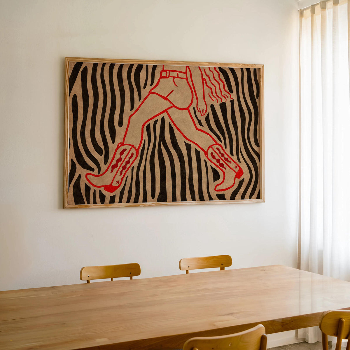 Zebra striped cowgirl wall art print centered over dining table, bold cowgirl art print bringing retro country vibes