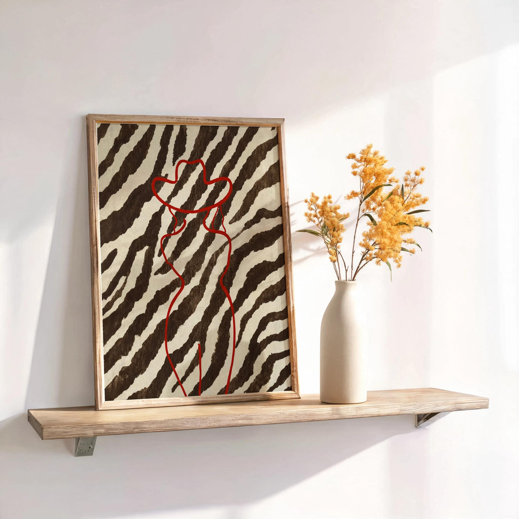 Red Cowgirl Outline Wall Art, Brown Zebra Print Poster, Trendy Western Aesthetic Decor, Modern Minimalist Cowboy Line Art Print Fashion Gift