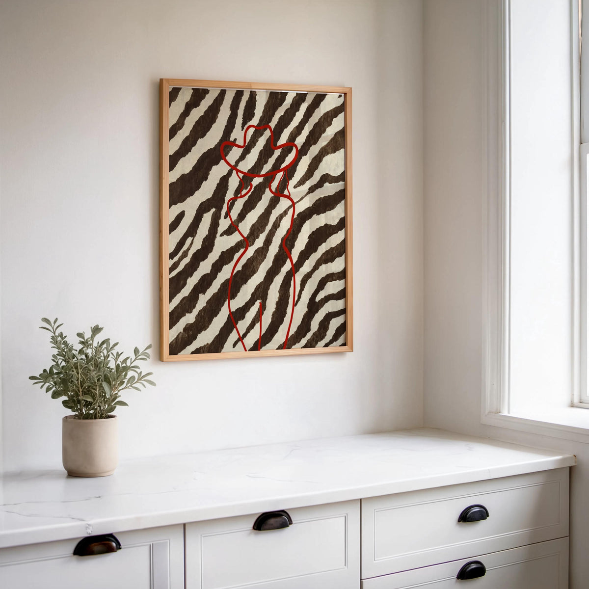 Red Cowgirl Outline Wall Art, Brown Zebra Print Poster, Trendy Western Aesthetic Decor, Modern Minimalist Cowboy Line Art Print Fashion Gift