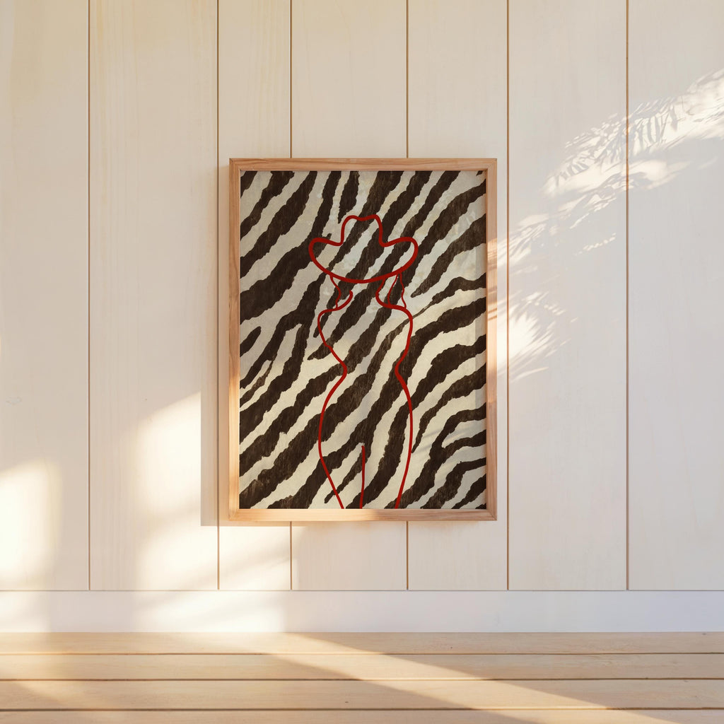 Red Cowgirl Outline Wall Art, Brown Zebra Print Poster, Trendy Western Aesthetic Decor, Modern Minimalist Cowboy Line Art Print Fashion Gift