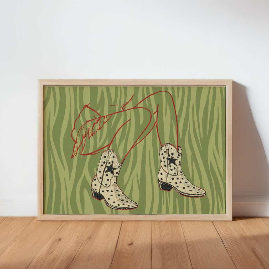 Polka Dot Cowgirl Boots Wall Art, Green Zebra Pattern Print, Trendy Western Aesthetic Poster, Vintage Fashion Closet Decor, Female Gift