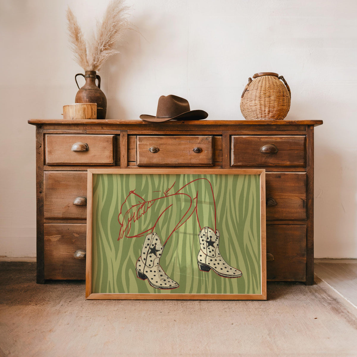 Polka Dot Cowgirl Boots Wall Art, Green Zebra Pattern Print, Trendy Western Aesthetic Poster, Vintage Fashion Closet Decor, Female Gift