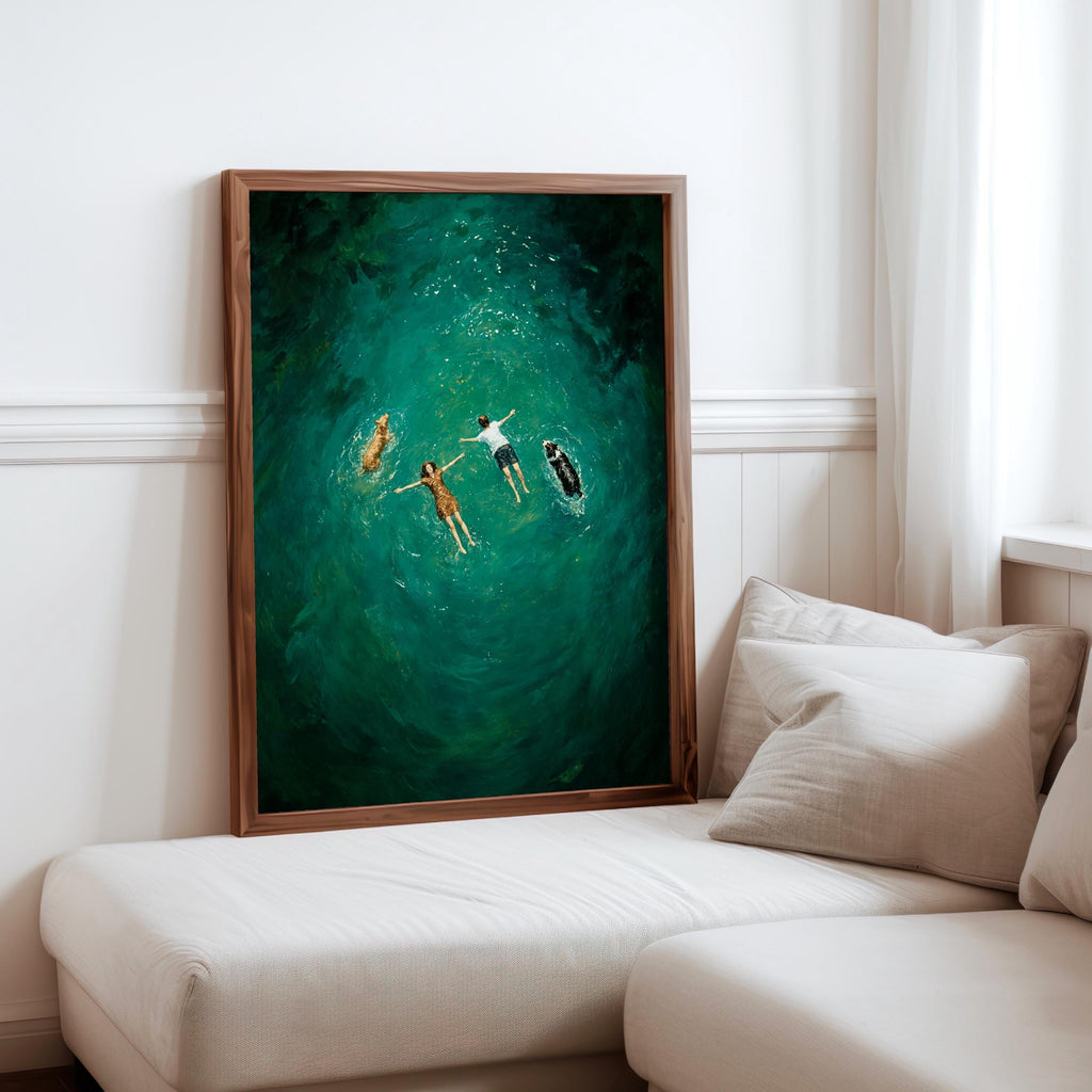 Aerial Couple Swimming with Dogs Wall Art, Turquoise Ocean Print, People and Pets Swimmer Poster, Modern Coastal Pool Home Decor Gift
