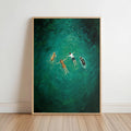 Aerial Couple Swimming with Dogs Wall Art, Turquoise Ocean Print, People and Pets Swimmer Poster, Modern Coastal Pool Home Decor Gift