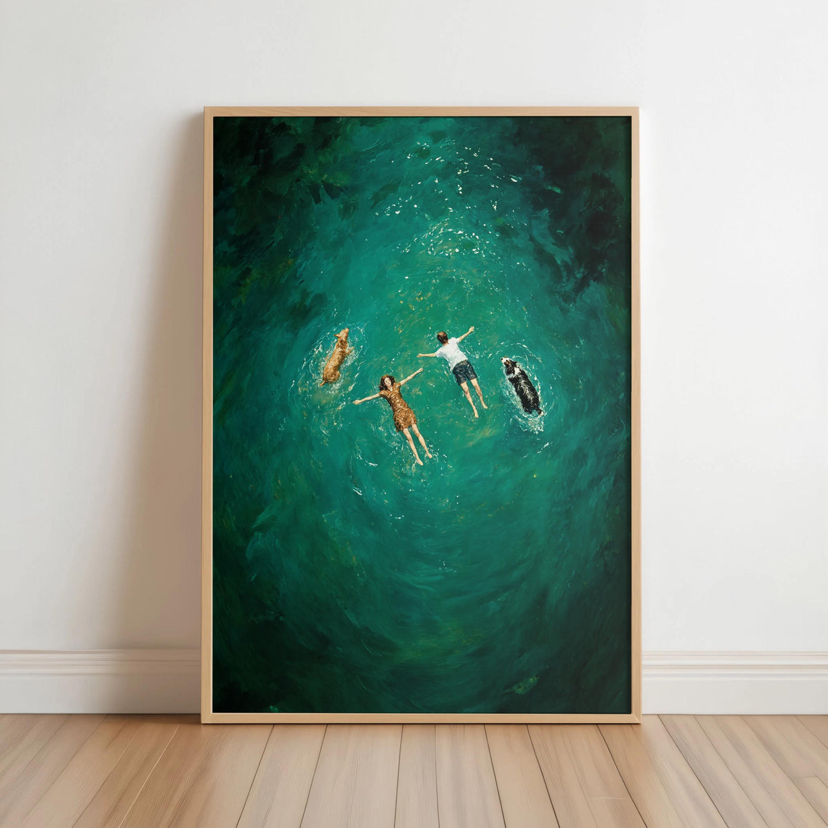 Aerial Couple Swimming with Dogs Wall Art, Turquoise Ocean Print, People and Pets Swimmer Poster, Modern Coastal Pool Home Decor Gift