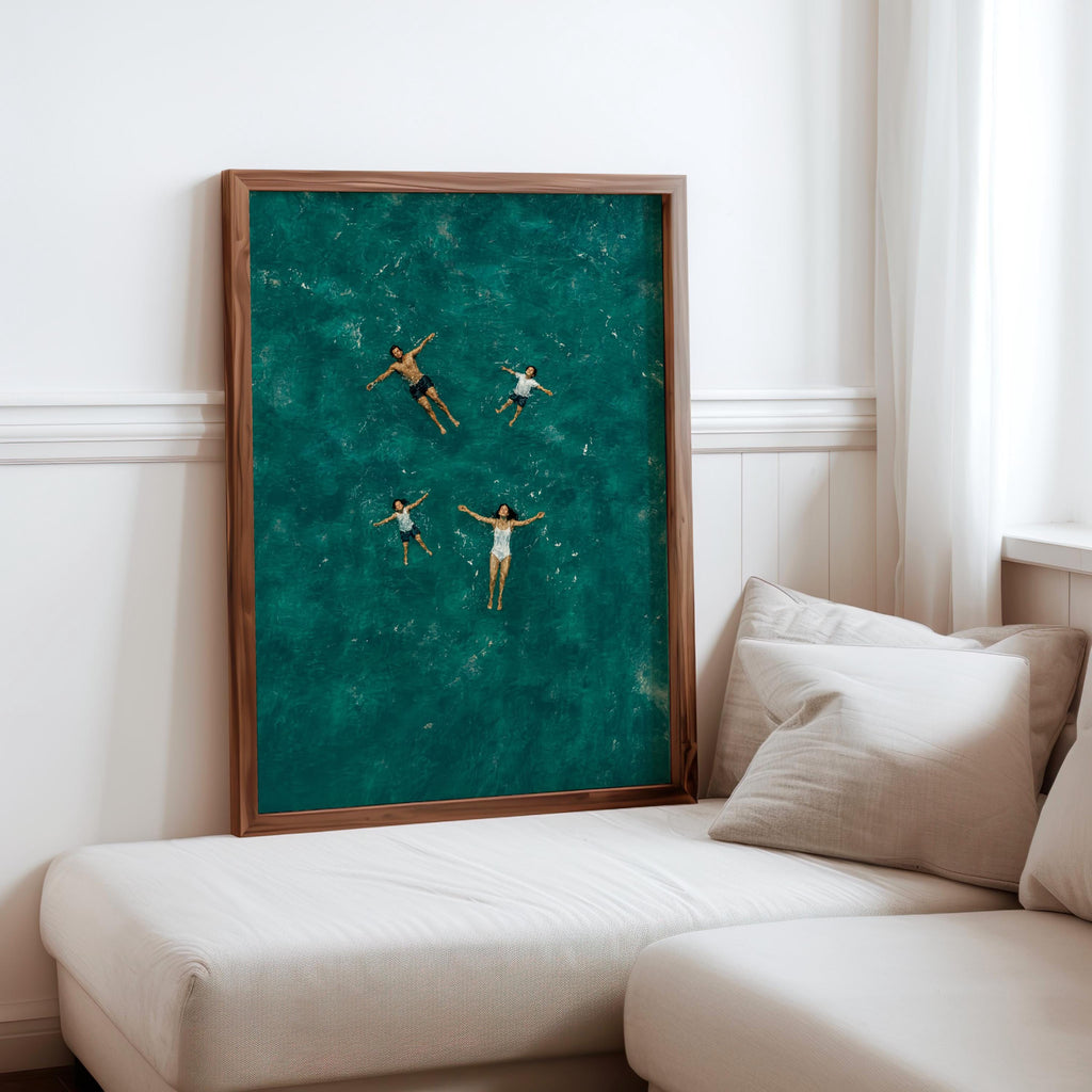 Turquoise Ocean Water Wall Art, Floating Family Aerial Print, Relaxing Summer Swimming Poster, Modern Coastal Couple Decor, Beach House Art