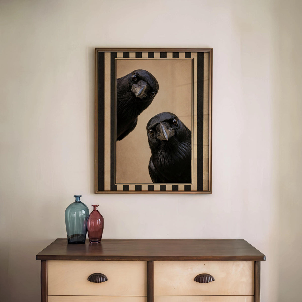 Black Crow Wall Art, Vintage Witchy Bird Poster, Retro Striped Print, Curious Raven Artwork, Gothic Halloween Decor, Moody Dark Academia Art