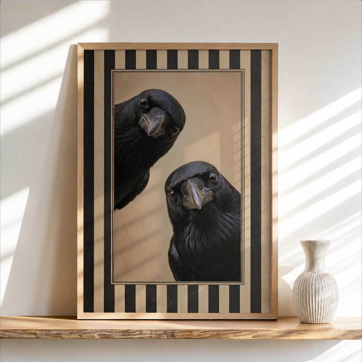 Black Crow Wall Art, Vintage Witchy Bird Poster, Retro Striped Print, Curious Raven Artwork, Gothic Halloween Decor, Moody Dark Academia Art