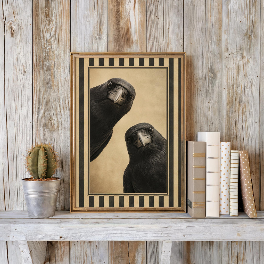 Vintage bird print centered on a rustic whitewashed shelf, small cactus and stacked books beside, moody animal wall art