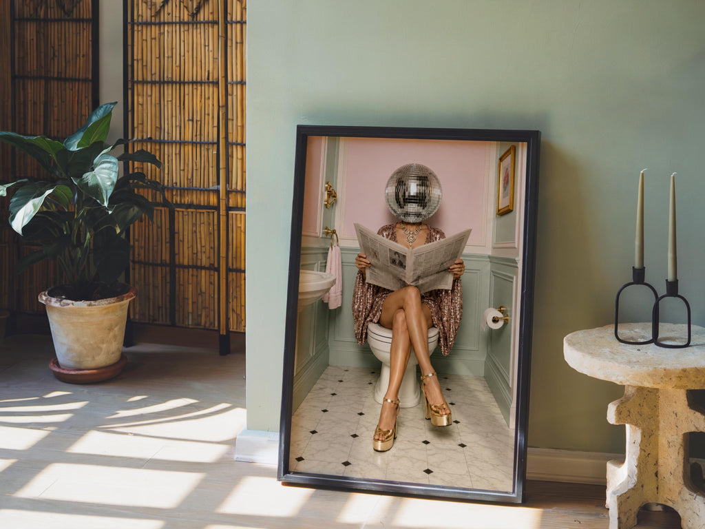 Disco Ball Head Woman Reading Newspaper Art Print, Funny Bathroom Wall Decor, Surreal Toilet Poster, Girly Vintage Trendy Restroom Gift