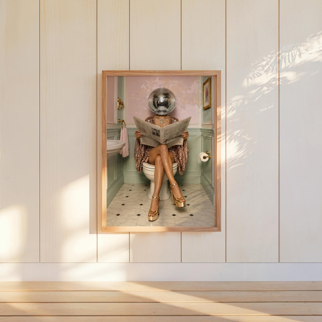 Disco Ball Head Woman Reading Newspaper Art Print, Funny Bathroom Wall Decor, Surreal Toilet Poster, Girly Vintage Trendy Restroom Gift