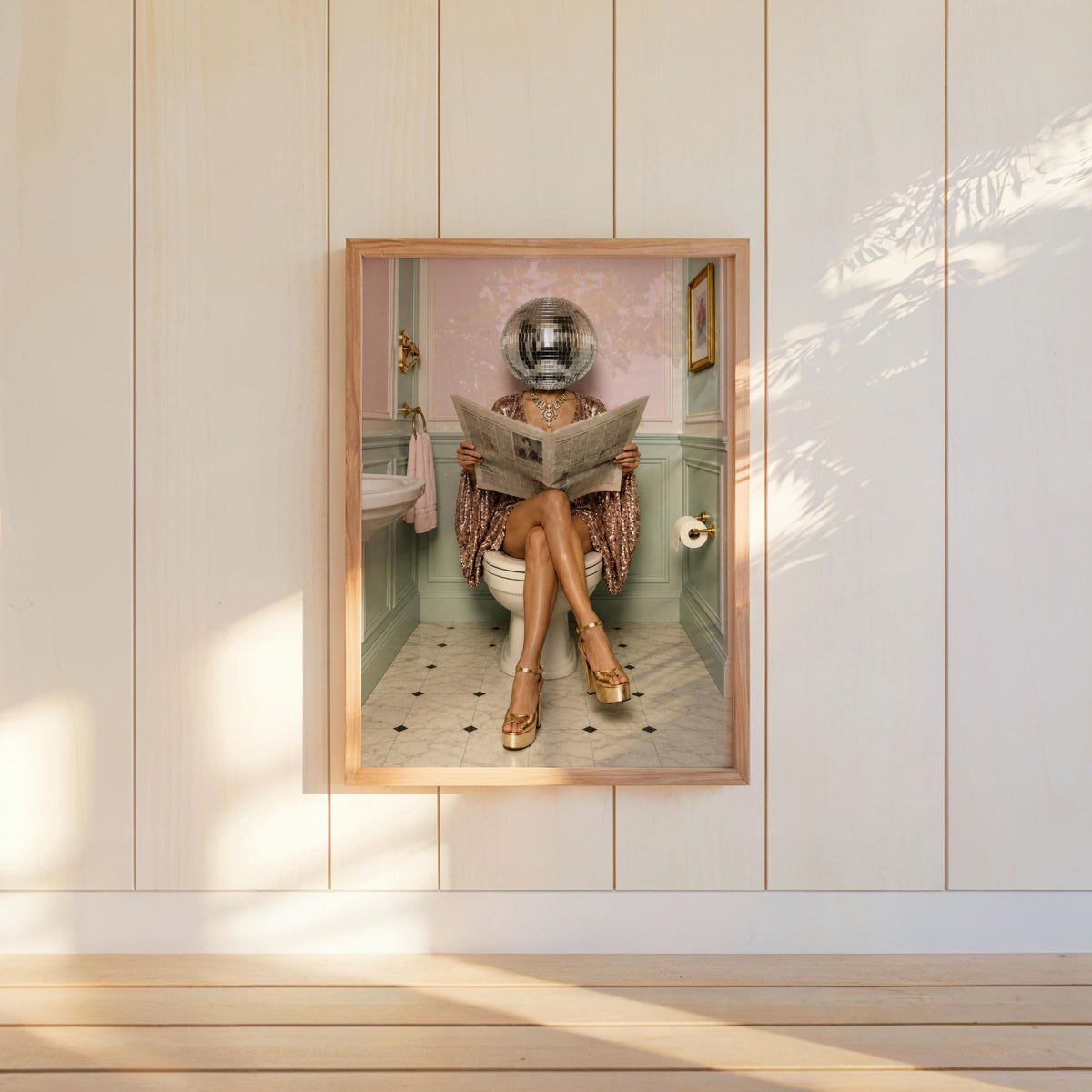 Disco Ball Head Woman Reading Newspaper Art Print, Funny Bathroom Wall Decor, Surreal Toilet Poster, Girly Vintage Trendy Restroom Gift