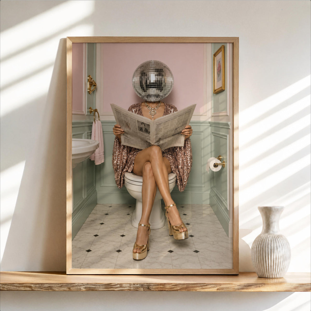 Disco Ball Head Woman Reading Newspaper Art Print, Funny Bathroom Wall Decor, Surreal Toilet Poster, Girly Vintage Trendy Restroom Gift