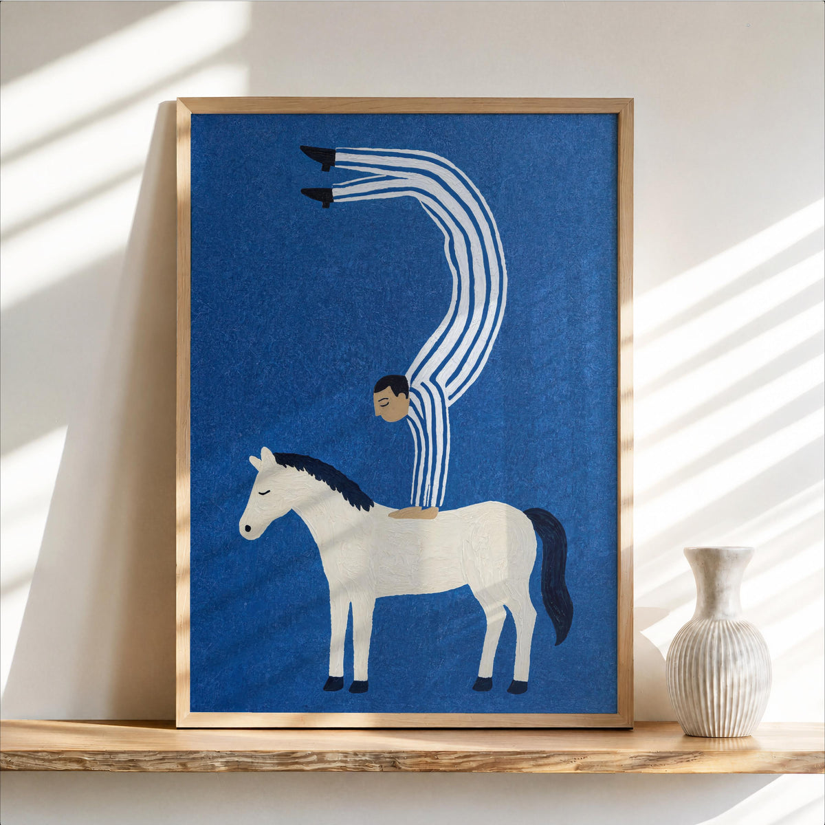Surreal Circus Art Print, Acrobat Handstand on Horse Wall Decor, Vibrant Abstract Poster, Cute Striped Folk Illustration, Equestrian Gift