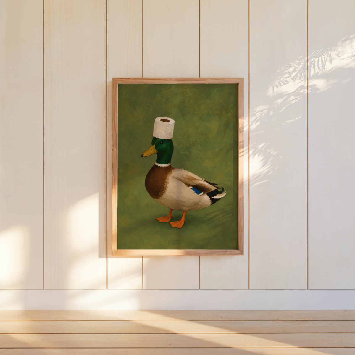 Funny Mallard Duck Bathroom Wall Art Print, Quirky Restroom Decor, Surreal Bird with Toilet Paper Hat Poster, Humorous Farm Animal Gift