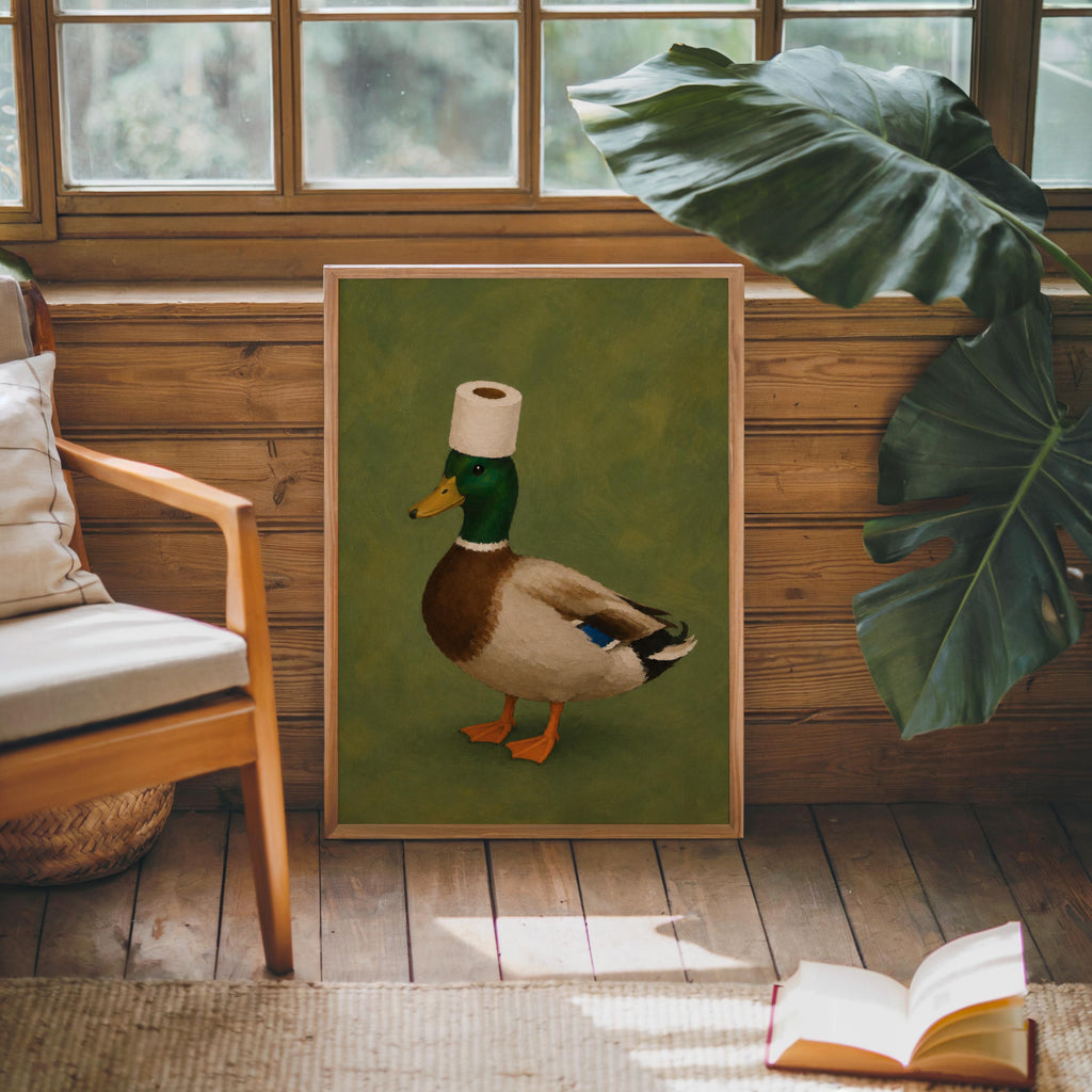 Funny Mallard Duck Bathroom Wall Art Print, Quirky Restroom Decor, Surreal Bird with Toilet Paper Hat Poster, Humorous Farm Animal Gift