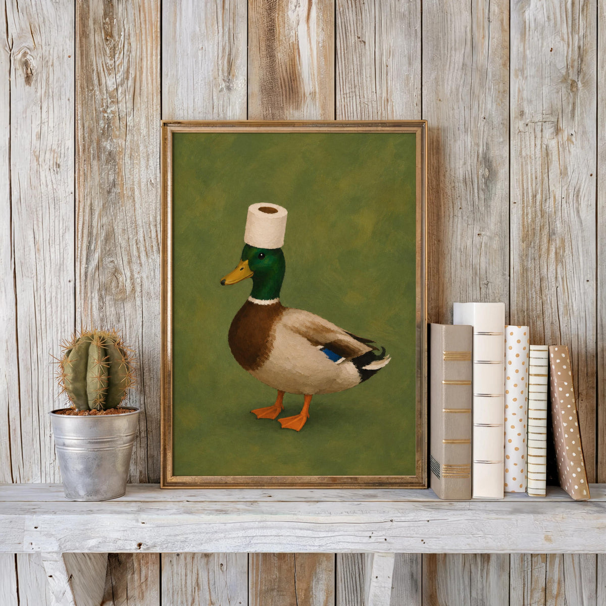 Funny Mallard Duck Bathroom Wall Art Print, Quirky Restroom Decor, Surreal Bird with Toilet Paper Hat Poster, Humorous Farm Animal Gift