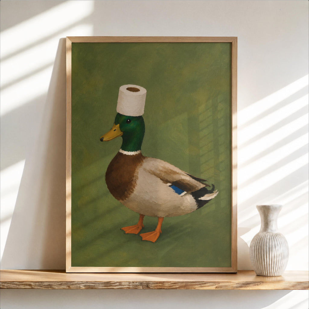 Funny Mallard Duck Bathroom Wall Art Print, Quirky Restroom Decor, Surreal Bird with Toilet Paper Hat Poster, Humorous Farm Animal Gift
