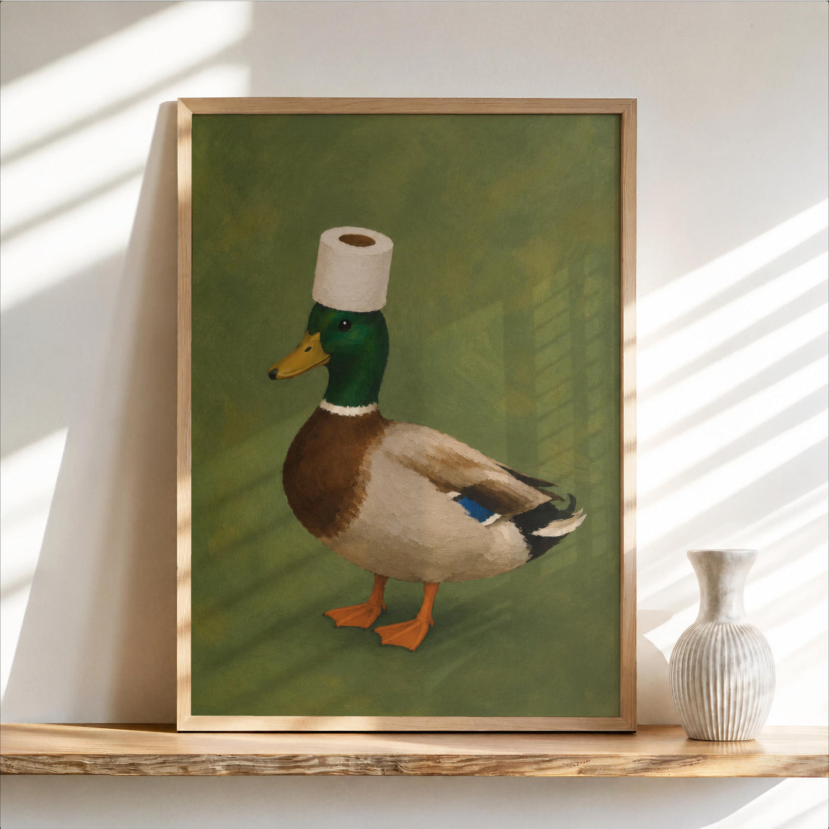 Funny Mallard Duck Bathroom Wall Art Print, Quirky Restroom Decor, Surreal Bird with Toilet Paper Hat Poster, Humorous Farm Animal Gift