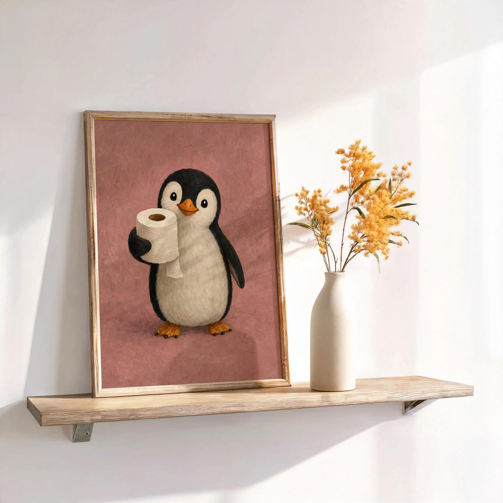 Framed dusty pink penguin bathroom art print on floating shelf, accompanied by warm dried floral accent