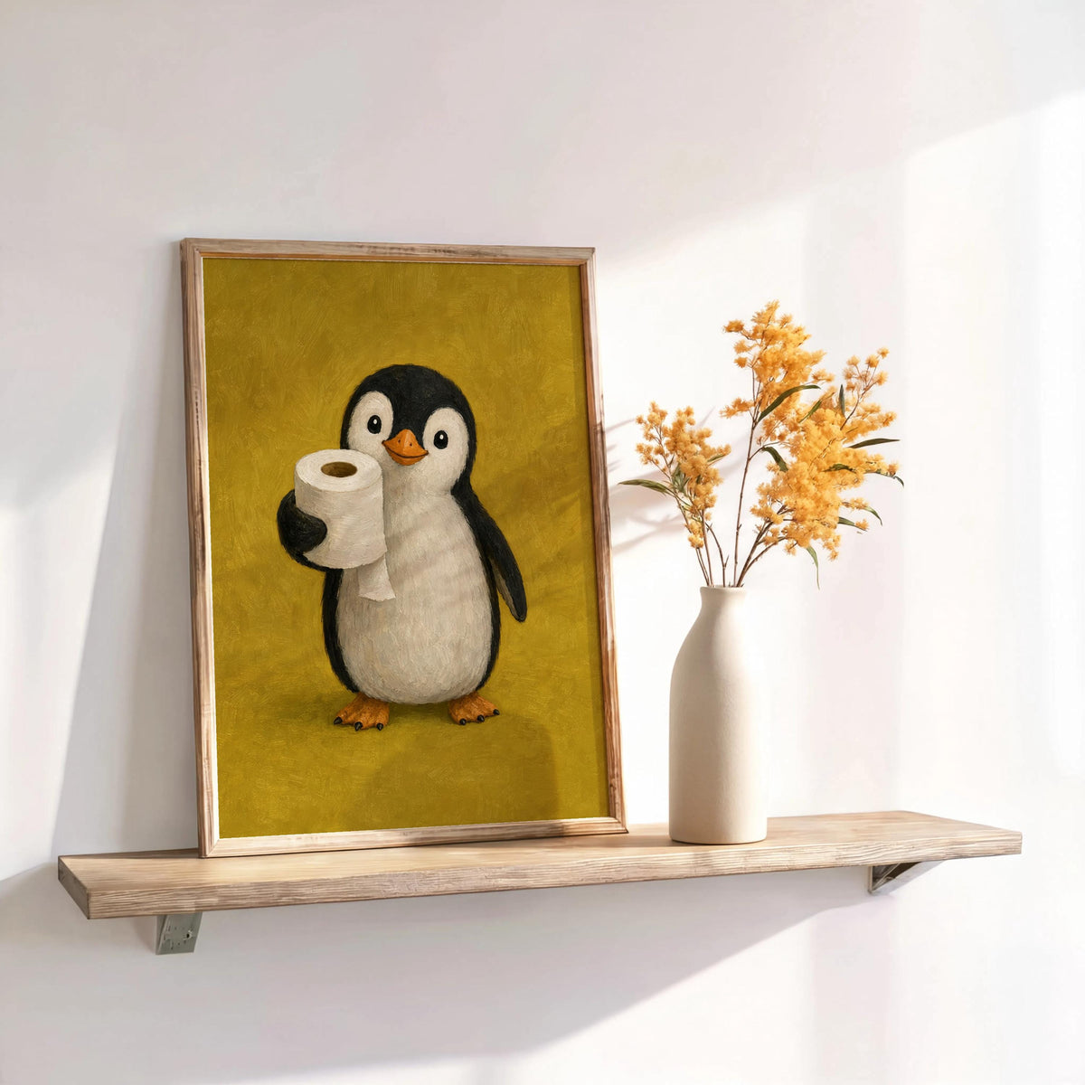 Framed mustard penguin bathroom art print beside vase of dried flowers, quirky toilet paper bathroom decor styled