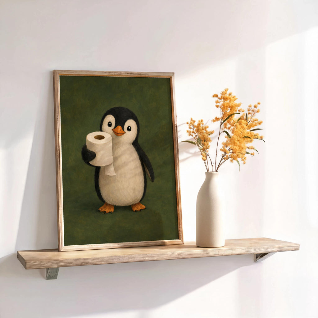 Framed olive green penguin bathroom art print on shelf with decorative dried flowers, playful penguin wall art
