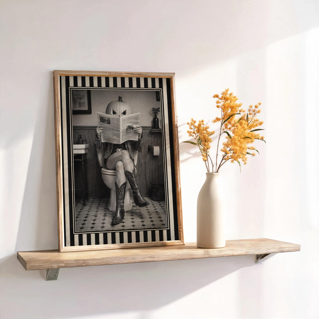 Black and white pumpkin head cowgirl art print on a shelf beside dried stems, spooky cowgirl print option
