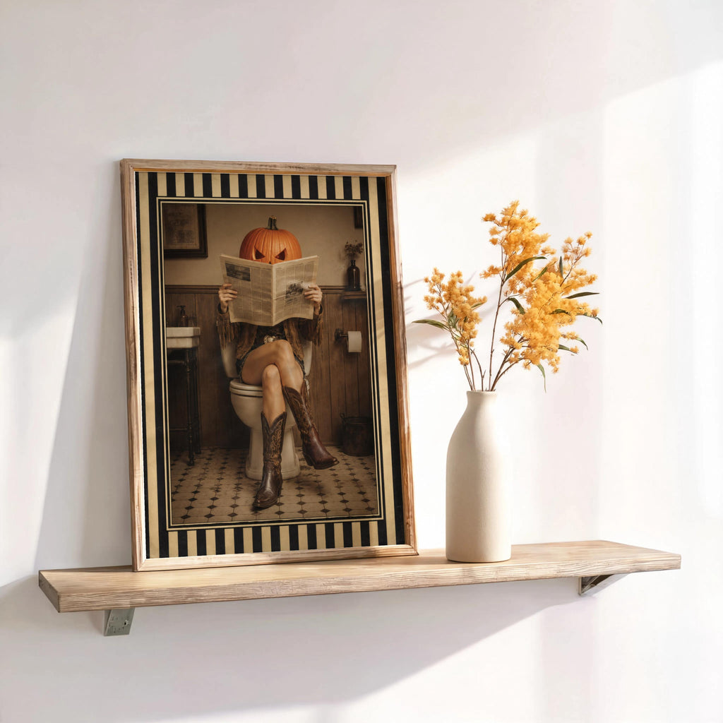 Sepia pumpkin head cowgirl art print framed on a shelf with dried flowers, funny bathroom wall art idea