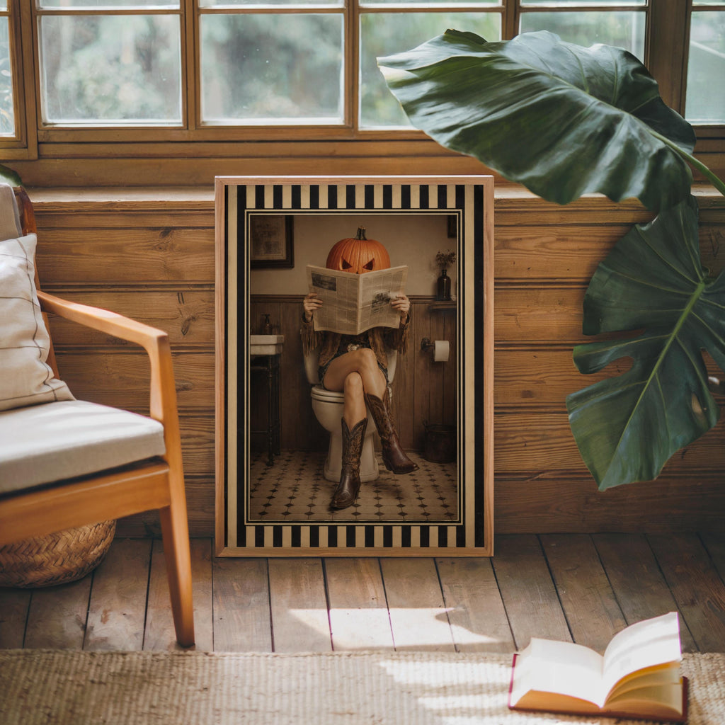 Warm rustic room, framed pumpkin head cowgirl art print leaning by chair and plant, vintage Halloween print