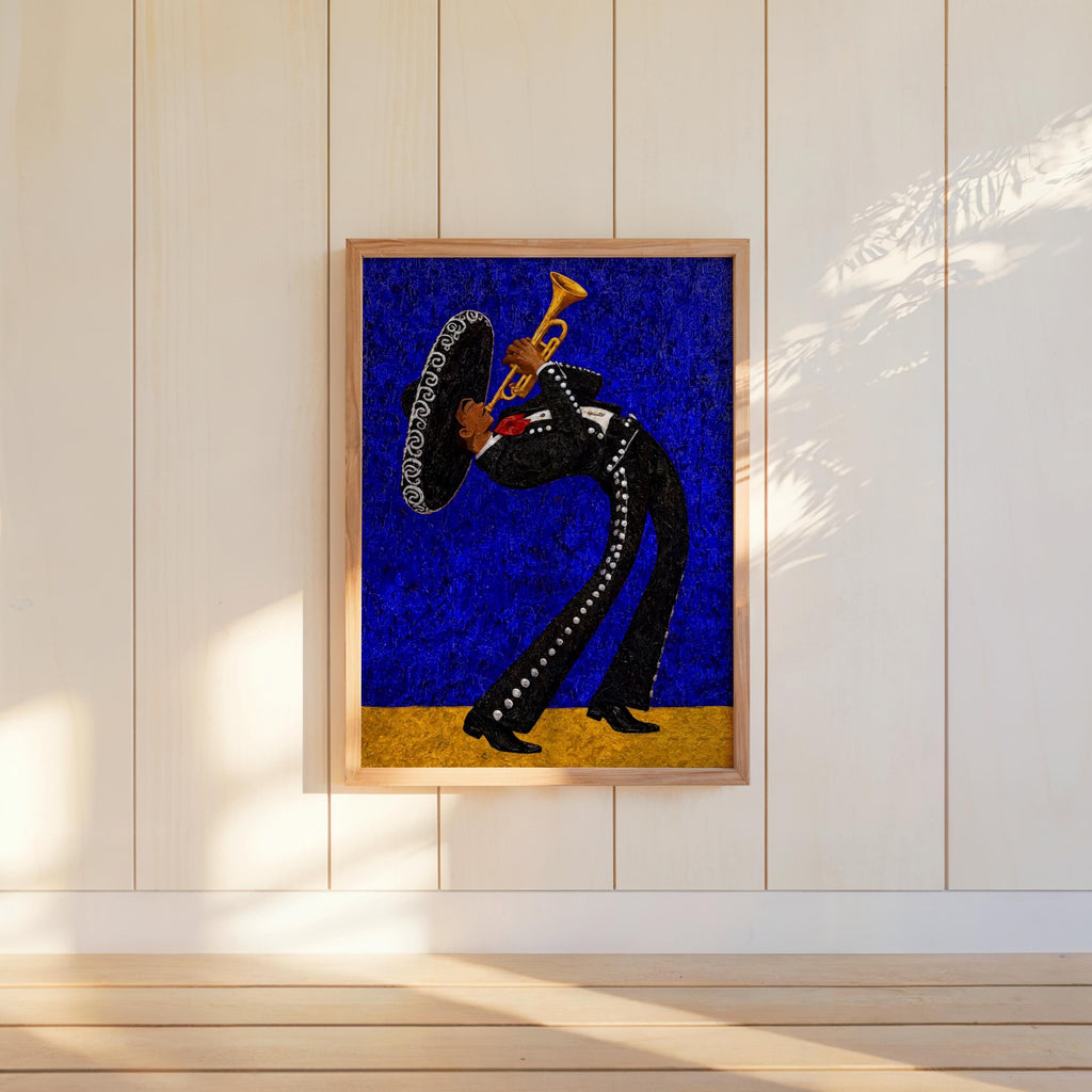 Cobalt mariachi wall art print hung on white wall, diagonal sunlight patterns across panels, bold trumpet player silhouette