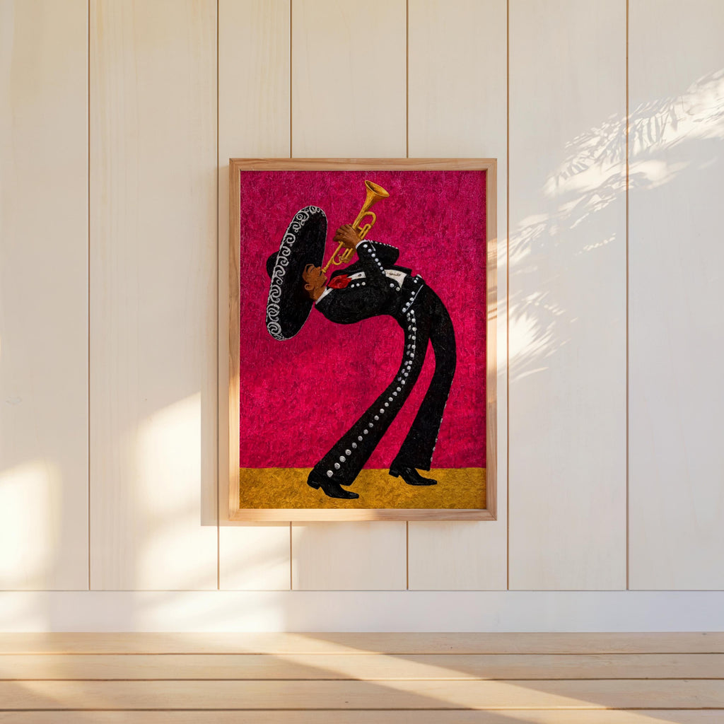 Hot pink mariachi wall art print centered on white panel, sunlit walls, lively Latin music wall art for modern interiors