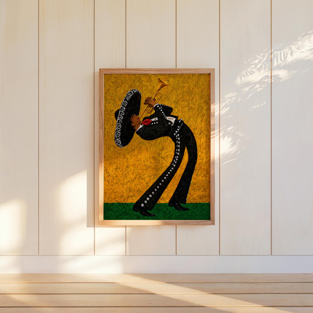 Mariachi wall art print hung on white paneled wall, mustard background with green base, sunlight casting soft shadows on frame